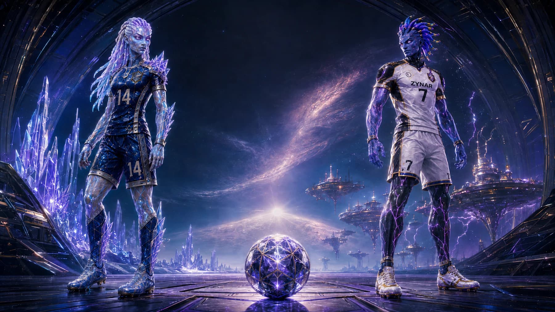Sylvara Noctyss and Kael'Zyn facing a luminous ball across two Galactic Football Universe worlds