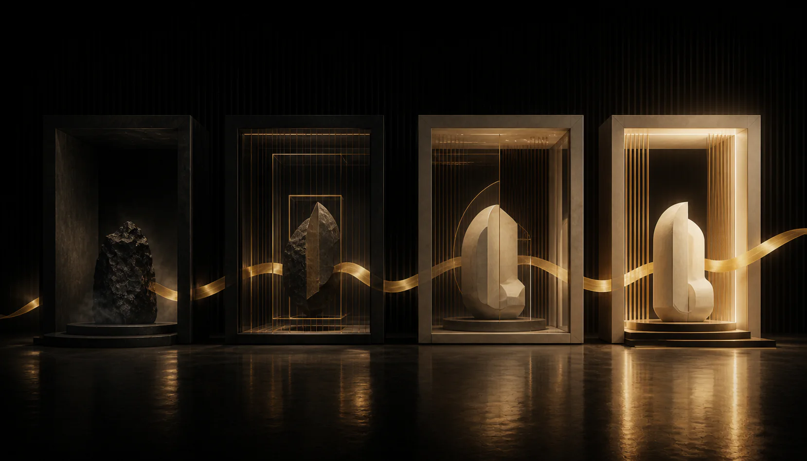 Four architectural stages showing an idea progressing into a finished ivory form