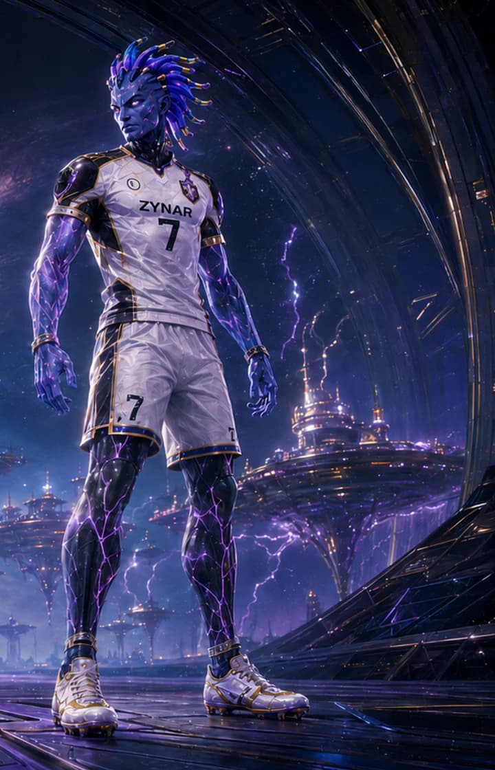Kael'Zyn, a violet Veyron forward wearing number 7 among floating storm-lit platforms