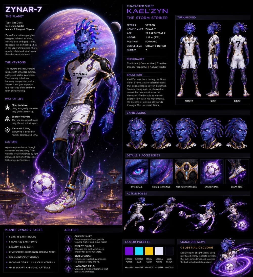 Kael'Zyn character sheet with hero identity, turnaround, expressions, equipment, action poses, and Zynar-7 world context