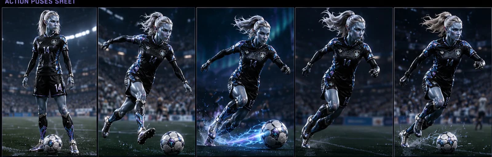 Five football action poses showing scanning, acceleration, and controlled ball movement