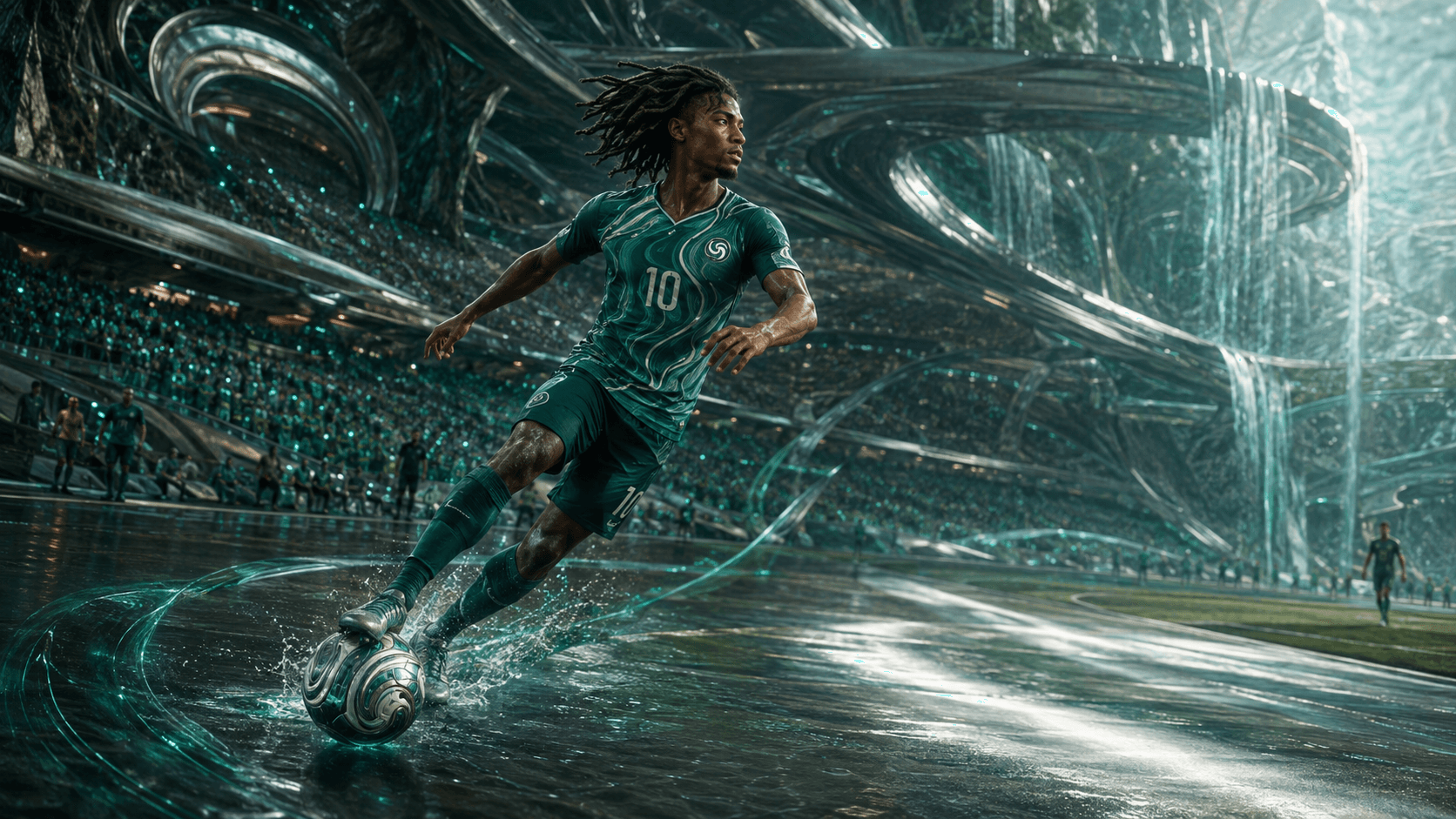 Kaelis Nuru, an emerald-clad number 10 playmaker, controlling the ball inside Nytheris' water-integrated Confluence Stadium