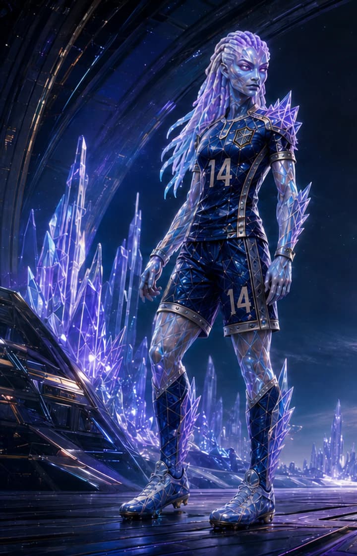 Sylvara Noctyss, a silver-lavender crystalline midfielder wearing number 14 in a vast crystalline arena