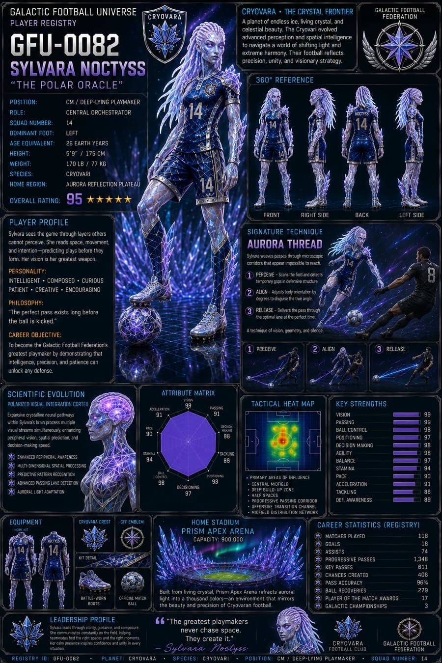 Sylvara Noctyss film-grade registry sheet with identity, reference views, signature technique, attributes, equipment, and stadium context