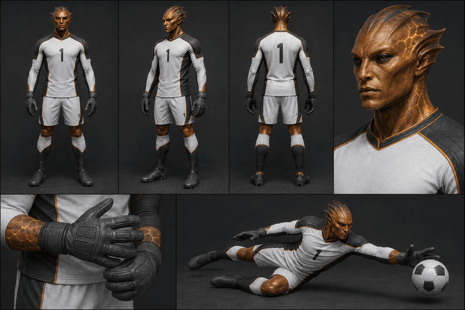 Aeron Vel continuity sheet with front, three-quarter and back views, face, glove material, and Solar Gate Save pose