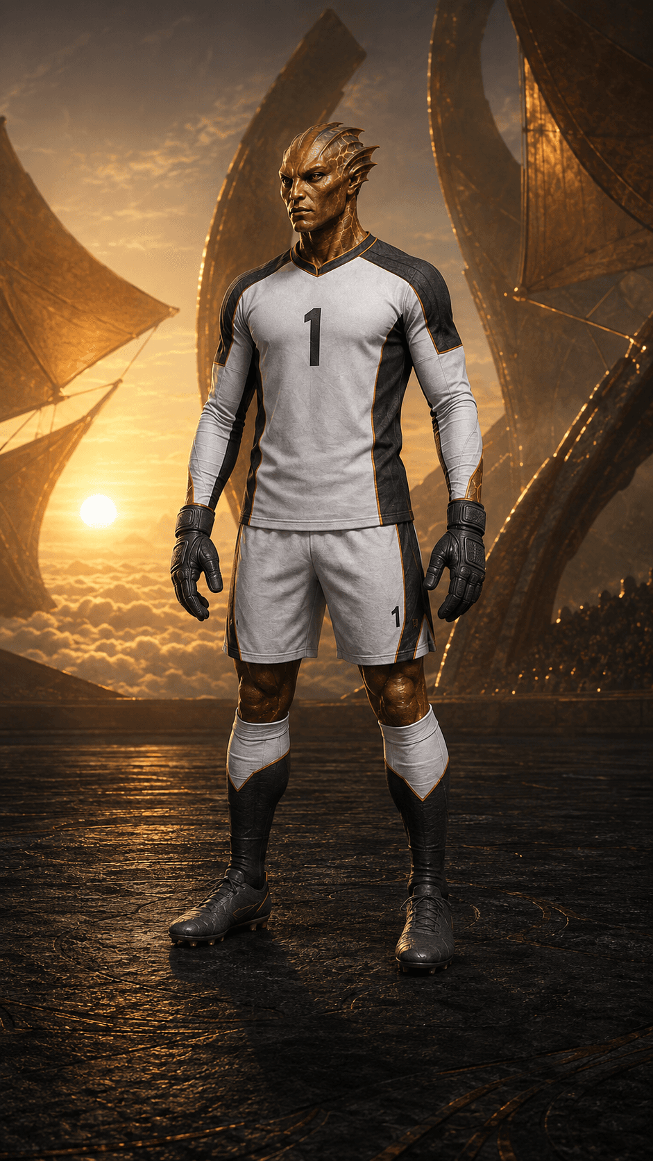 Aeron Vel, a copper-bronze Solari goalkeeper wearing number 1 in the twin-sun Dawnforge Arena