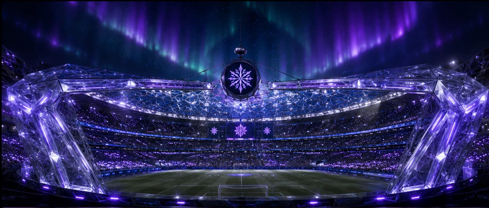 A vast crystalline football stadium beneath violet and blue aurora light